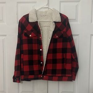 SHEIN Red and Black Plaid Utility Jacket